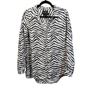 Tahari Animal Print Brown Zebra Stripe Linen Tunic Top Size XL Relaxed Flowy